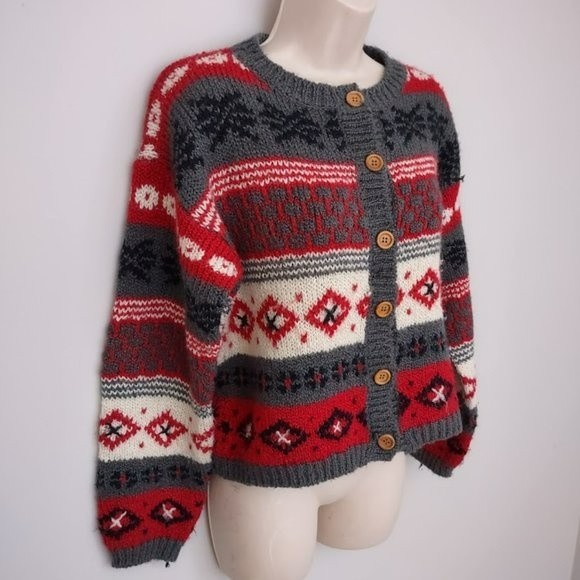 Vintage InDesign 80s 90s Striped Boxy Oversize Chiristmas Cardigan Sweater Large - Picture 5 of 11